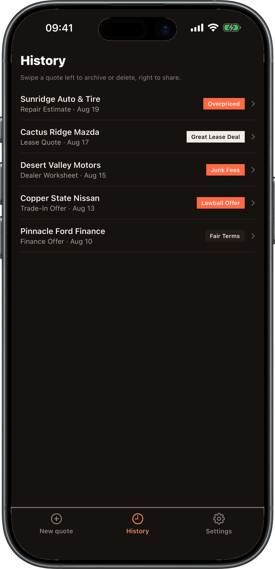 QuoteFight saved quote history